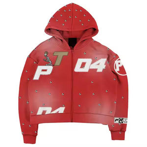 Sudadera con capucha y cremallera para hombre de la mejor calidad Sun Faded 100% algodón parche bordado desgastado Rhinestone Top Trend diseño de impresión sólida - Product Image 5