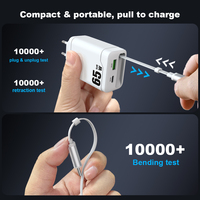 Nuevo Cargador GaN Retráctil de 65W con PD y PPS, Cargador Rápido Tipo-C con Cable USB-C para iPhone, Cargador Universal Portátil