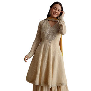 ชุดสูทเคอร์ตาชาราปักลายเนื้อเยื่อสีเบจบดพร้อมชุดปาร์ตี้งานแต่งงาน Dupatta การต้อนรับและการสั่งซื้อที่กำหนดเอง - Product Image 3