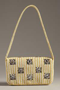 Trending Crystal Embellished Yellow Beaded <b>Shoulder</b> <b>Bag</b> Women <b>White</b> Stripe Flap Purse Fashion Party Handbag Seed Bead Sack - Product Image 2