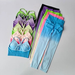 Women's High Waist Fitness Suit New Gradient Gym Set Beauty Back Bra Peach Hip Leggings Solid Pattern Front Logo-2Piece Yoga Set - Product Image 2