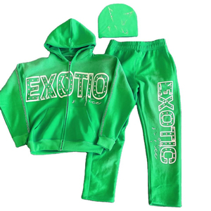 Survêtements personnalisés 100% coton éponge française poids lourd Boxy Fit survêtements avec broderie et patch ensemble de sweat à capuche avec fermeture éclair et strass - Product Image 4