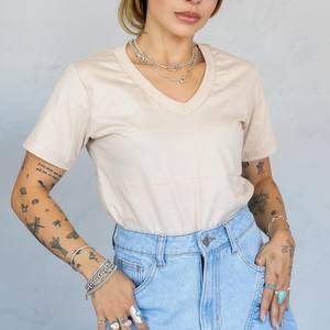 Camisetas con cuello en V para mujer 100% Camiseta de corte regular con estampado y bordado personalizado de calidad superior - Product Image 5