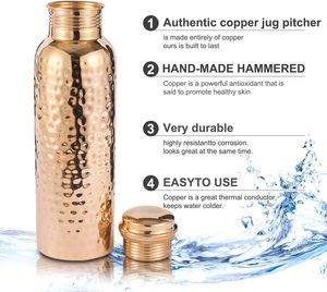 Bouteille d'eau en cuivre Divris 1000 ml, finition martelée, écologique, sans danger pour les aliments, portable, pour les voyages en plein air, couvercles inclus, design moderne - Product Image 4