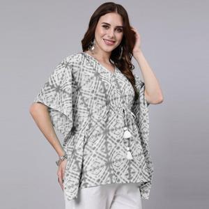 Robe de cocktail en coton avec imprimé tie and dye gris (SHKUP1209) - Product Image 4