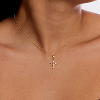 Collar de cadena con cruz cristiana de plata de ley 925 con baño de oro de 18k y diamantes cultivados en laboratorio, ideal para regalo de fiesta