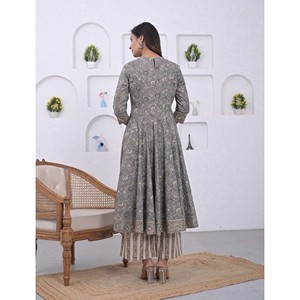 Grey Jaal Cotton Anarkali Kurta Pant Set Elegant Floral Printed Salwar Kameez Heavy <b>Net</b> <b>Fabric</b> Embroidery Work for Party Wear - Product Image 5