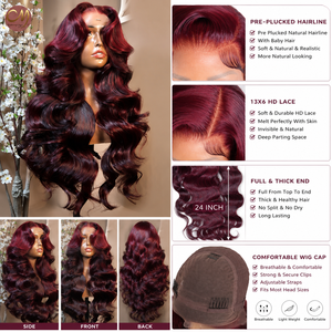 Perruque Lace Front Body Wave la plus populaire, couleur bordeaux ombré 99J, en cheveux humains Remy pré-épilée, pleine et épaisse, pour femmes noires - Product Image 4