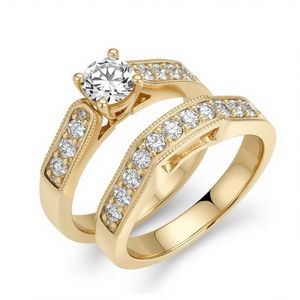 Ensemble de bague de fiançailles en or véritable 10 carats plaqué rhodium avec diamant solitaire et bande pavée à grains fins, bijoux fins pour mariage et fête - Product Image 6