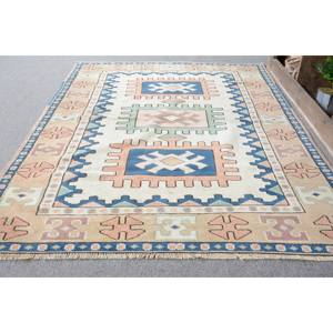 Classic Kilim Beige Blue Vintage <b>Turkish</b> <b>Rug</b> 4.2 X 6.3 ft Wool Living Room Carpet Patchwork Latex Striped Rectangle for Hallway - Product Image 3