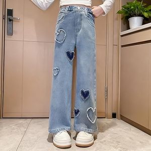 Jeans de Mezclilla para Niñas, Cintura Alta, Pierna Ancha, Parche de Corazón, Estilo Y2K, Corte Holgado, Pantalones Casuales para Niños, Tallas XS-XL - Product Image 6