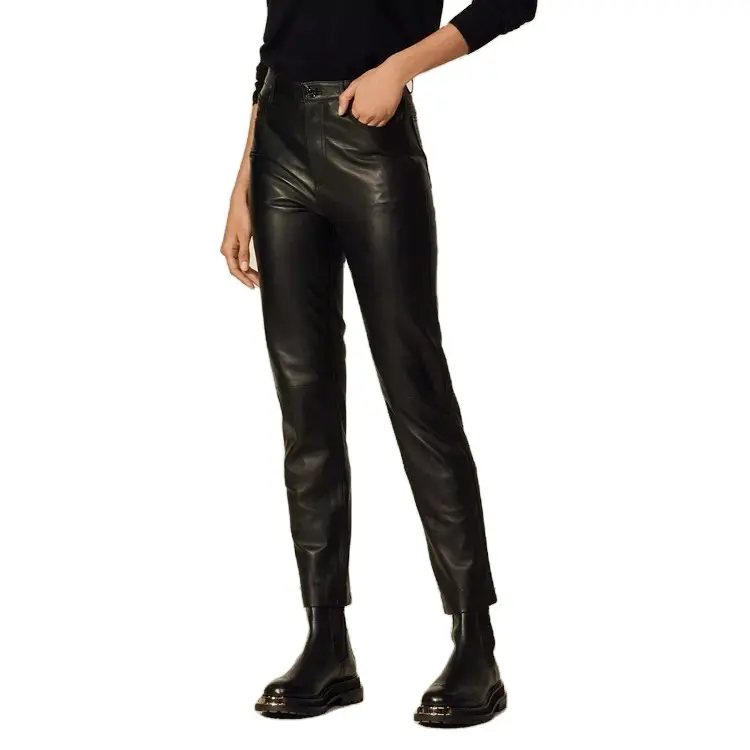 Pantalon Long en similicuir PU pour femme, taille haute, ceinturé, Design exclusif, slim, ajusté, boutons