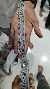 Custom made in steel grey coloured curly thread border geometric designed in 2.5 inch width embroidered mirror work laces - Product Image 4