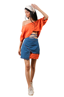 Ensemble coordonné 2 pièces en dentelle tissée orange brûlé pour femme : Blouse et jupe courte à rabat, idéal pour le quotidien, grandes tailles