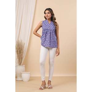 Indigo Blue Printed Sleeveless Crop <b>Top</b> by Mehr Laila-Breathable Rayon Knit <b>Square</b> <b>Neck</b> Casual Trendy Style - Product Image 4