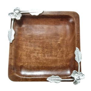 Bandeja de Madera de Alta Calidad con Detalles Florales de Metal Plateado para Servir Comida en el Hogar, Bandeja Decorativa Moderna - Product Image 6