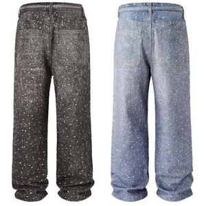 กางเกงยีนส์ทรงหลวมสำหรับผู้ชายกางเกงผ้ายีนส์ทรงตรงกลางมีผ้ายีนส์ซักได้แอซิดด้วยพลอยเทียม - Product Image 6