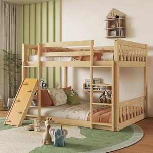 Cama Litera Doble con Rampa de Escalada, Casa de Juegos de Madera con Barandillas, Acabado Natural, para Niños, Niñas y Adolescentes - Product Image 1