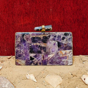 /Amethyst Gemstone Mosaic <b>Clutch</b> Bag Luxury Womens Evening Box Purse Natural <b>Purple</b> Stone Inlay Gold Frame Party Handbag - Product Image 1