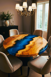 Mesa de Comedor/Café de Resina y Madera de Acacia Hecha a Mano, Moderna y de Lujo, con Tablero Redondo Impermeable de Resina Epoxi, Regalo de Diwali - Product Image 4