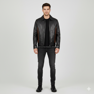 Blouson en cuir véritable et toile marron et noir vintage pour homme, col montant, style motard, décontracté, streetwear, hiver, vente en gros sur mesure - Product Image 1