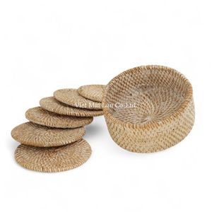 Handmade Bohemian Style Natural Rattan <b>Coaster</b> Set with Tray From Vietnam <b>for</b> Daily <b>Drink</b> Serving and Decorative Table Styling - Product Image 4