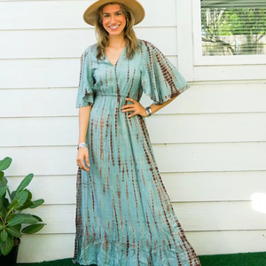 Vestido Maxi Tie Dye Personalizado, Estampado Sólido, Estilo Lindo, Cintura Natural, Sin Mangas, Tela de Rayón y Algodón, Elegante para Vacaciones - Product Image 1
