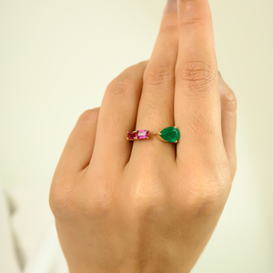 Customized Natural Birthstone Jewelry Handmade Real Emerald &amp; <strong>Ruby</strong> Three <strong>Stone</strong> Open <strong>Ring</strong> For Women Solid K14 Yellow Gold - Product Image 2