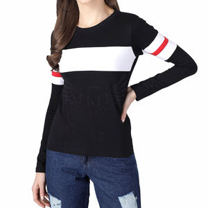 Camisetas de moda de secado rápido transpirables de algodón 100% de manga tres cuartos con cuello redondo a cuadros para mujer al por mayor de alta calidad - Product Image 2