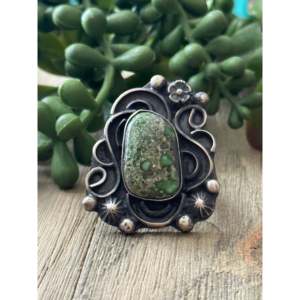 Sonoran <b>Gold</b> <b>Turquoise</b> Sterling Silver <b>Ring</b> Size 9-Navajo Handmade Boho Statement Jewelry - Product Image 1