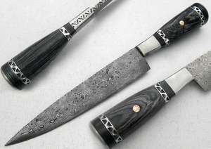 Cuchillo de Chef hecho a mano de alta calidad con hoja de acero de Damasco y cubierta de cuero con mango Pakawood para uso en la cocina. - Product Image 6