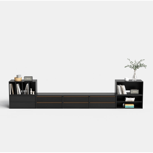 Modern Modular <b>Storage</b> Credenza with Fluted <b>Drawer</b> Fronts, Minimalist Black Accent Cabinet with Open Shelving <b>for</b> Living Room & - Product Image 4