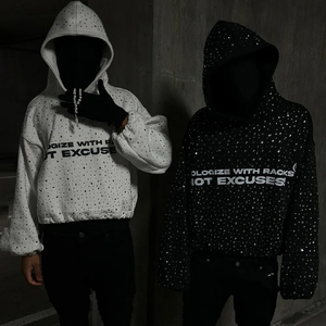 Sweat à capuche OEM personnalisé pour homme, coupe ample, avec grands strass brillants, impression sérigraphique, en coton peigné épais - Product Image 1