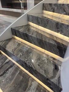 Baldosas de mármol pulido antideslizantes de color marrón oscuro para escaleras de casa, escalones de mármol veneciano marrón con tiras de luces LED - Product Image 5