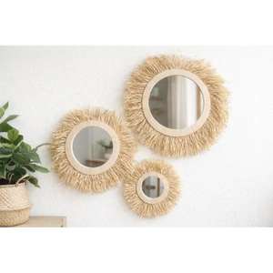 Espejos marroquíes hechos a mano con flecos, decoración boho para pared, marco artesanal de rafia, decoración natural para el hogar, diseño étnico único, idea de regalo. - Product Image 1