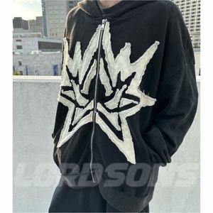 Customizable Distressed 100% Cotton <b>Fleece</b> Hoodie Washed <b>Black</b> Baggy Fit streetwear 420 GSM Heavyweight - Product Image 1