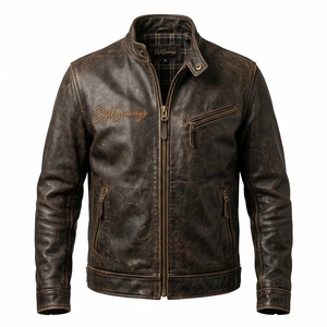 Chaqueta de Cuero Marrón Vintage para Hombre, Cuello Alto, Corte Ajustado, Cierre de Cremallera, Estilo Motero, Impermeable, Ropa Urbana - Product Image 1