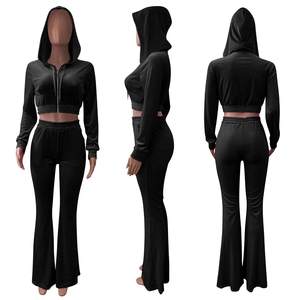Women's Retro Y2K Streetwear Two-Piece Flared Tracksuit with <b>Zip</b> <b>Hooded</b> Collar and Bootcut Pants Custom Logo Sportswear - Product Image 2