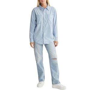 Chemise en jean foncé pour femmes, manches longues, boutonnée, douce, respirante, décontractée, élégante, pour les fêtes, été, tissée, plissée - Product Image 4