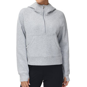 Custom Women's Hooded Sweatshirts Long Sleeve Half Zip Fleece Crop Pullover Tops <b>Thumb</b> <b>Hole</b> Pockets for Winter Athletic Front - Product Image 1