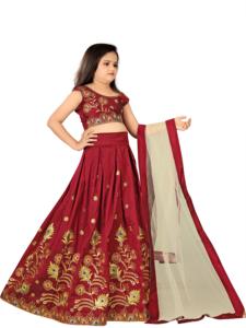 Shoryam Fashion Lehenga Choli marron sans manches longueur ras du sol pour petites filles - Robe de soirée ethnique indienne haut de gamme avec dupatta - Product Image 4