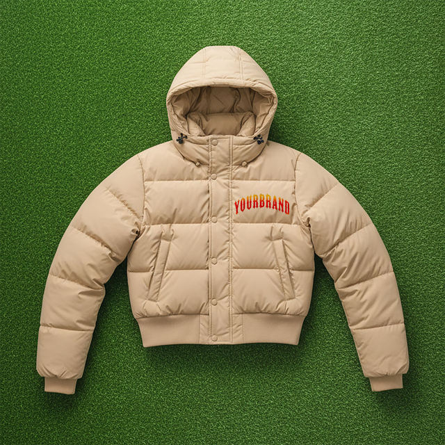 Custom Design Solid Beige Color Thick Puffer Jacket Breathable Fabric Adjustable Hood Button Up Crop Style Women's Bubble Jacket