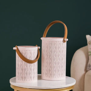 Set of Two <b>White</b> Metal Lanterns with Cutwork Design and Leather Handles Decorative Candle Holders for Home Decor Lighting - Product Image 4