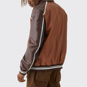 Chaqueta Bomber de Béisbol con Paneles de Cuero 100% Puro, Diseño Color Block, Logotipo Bordado Personalizado, Transpirable y Gruesa para Hombre - Product Image 5