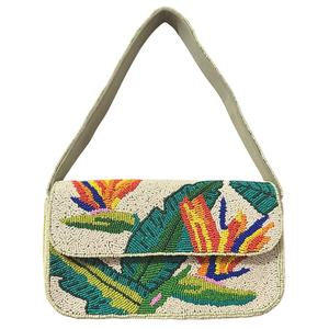 MS Handicraft Tropical Floral <b>Glass</b> Beaded Clutch Customized Shape & Color Mexican Fiesta Purse with Crossbody <b>Chain</b> - Product Image 1