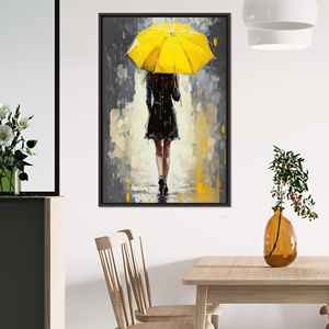 Toile imprimée : Femme avec parapluie jaune dans un style artistique, toile encadrée noire - Product Image 1