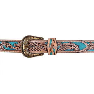 Cinturón de herramientas de cuero occidental mecanizado a mano de larga duración Cinturón de vaquero tallado en turquesa de alta calidad con conjunto de hebilla floral de diseñador - Product Image 5