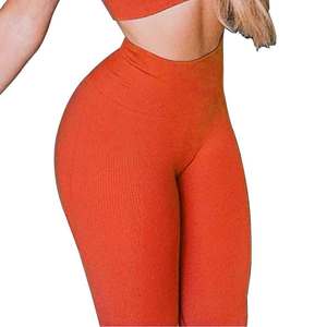 Ensemble de yoga côtelé pour femme, legging taille mi-haute, vêtements de sport 2 pièces, col rond sans couture, logo frontal, longueur intégrale, couleur unie, séchage rapide - Product Image 6