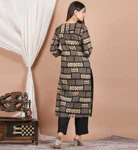 <b>Black</b> Ikat Printed Cotton Straight Kurta Set For Women With Round Neck And 3/4th Sleeves Paired With Matching Pant And Dupatta - Product Image 2