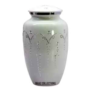 Maaz Collections Urne funéraire humaine pour adultes Urne commémorative en métal blanc gravé motif floral argenté Style américain pour adultes - Product Image 1